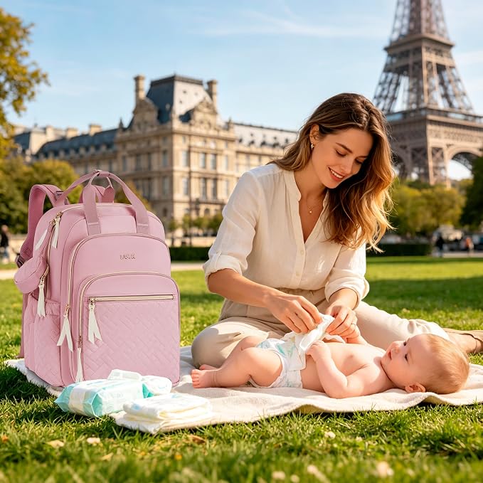 Diaper Bag Backpack, 27L Travel Quilted Baby Bags Unisex | with Changing Pad, Pacifier Bag, Stroller Straps Parents Essentials for Outdoor Trip Hospital & Daily Work, Pink - Image 4