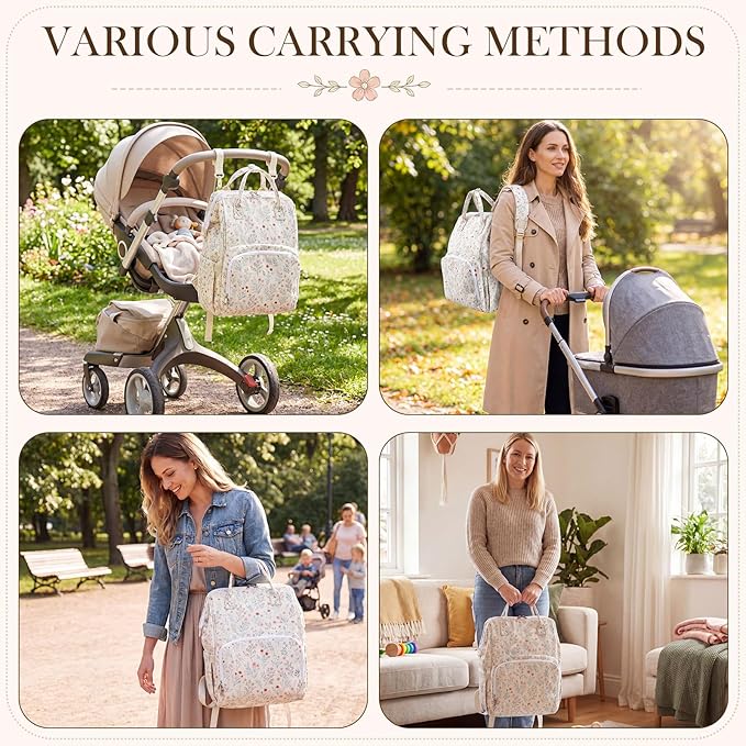 Light White Corduroy Floral Diaper Bag Backpack for Mom Large Capacity Multifunction Travel Backpack for Women, Cute Diaper Bag - Image 6