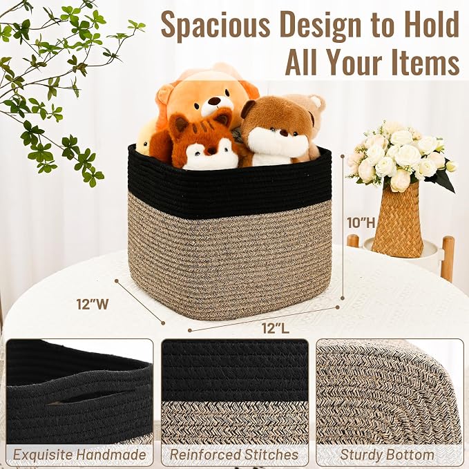 3 Pack Cube Storage Bin, 12”x12”x10” Cotton Rope Woven Baskets for Organizing Toys Clothes Towels, Square Gift Storage Baskets for Shelves, Nursery, Closet, Bathroom, Pantry (Black & Brown) - Image 4