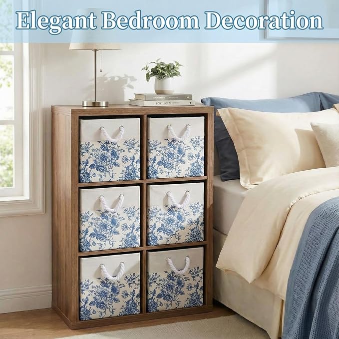 LemonRoad 6 Pcs Blue Floral Cube Storage Bins 11.22 Inch Square Storage Basket with Handle, Preppy Girls Organizer Basket, Collapsible Fabric Box for Classroom Bedrooms Office Home Decoration Giftad - Image 4