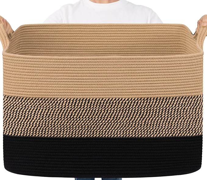 Goodpick 105L Extra Large Woven Rope Blanket Basket, Rectangle, Black Jute | 25'' x 16'' x 16'' Storage Basket for Blankets, Pillows & Toys, Living Room & Bedroom Organization, Reinforced Handles by Goodpick