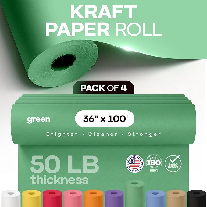 36" x 1200" (100 ft) Green Kraft Paper Rolls, Pack of 4 - USA-Made Quality Craft Paper for Gift Wrapping, Kids Arts & Crafts, School Projects - Natural, 50lb Thickness by IDL Packaging - Image 4