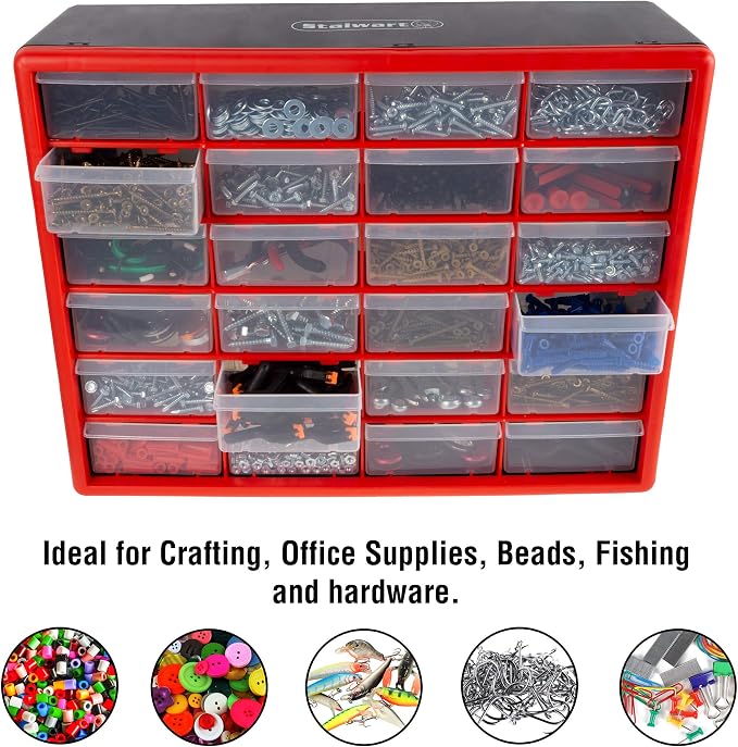 Stalwart Plastic 24 Drawer Organizer Compartment Parts Storage Cabinet, Red | Tabletop, Desktop, or Wall Mount Container - Small Parts Organizer for Hardware, Craft Supplies, Beads, or Tools - Image 6