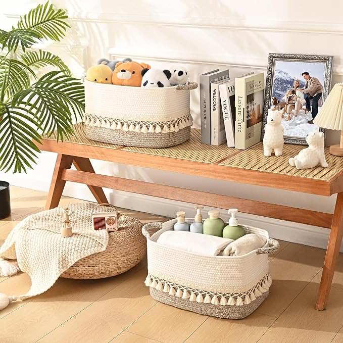 2 Pack Storage Basket for Shelves, Boho Cotton Rope Storage Bins with Heavy Tassel, Shelf Baskets Large Woven Baskets for Organizing, Cube Organizer Bins, Baby Laundry Basket for Clothes, Toys, Pets - Image 2