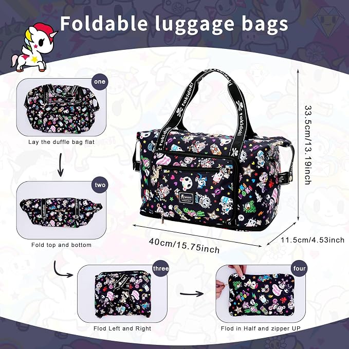 Tokidoki Unicorno Foldable Duffle Bag for Travel, 40L Expandable Weekender Bags with Trolley Sleeve Overnight Bags for Travelling(Black) - Image 5