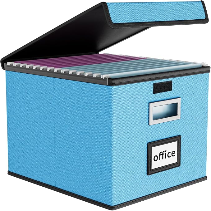 File Organizer Box with Lids, Collapsible File Folder Organizer | File Box with Plastic Slides for Office Document Storage, Filing Bin for Letter Size Hanging File Folders (1 Pack, Sky-blue) by Huolewa