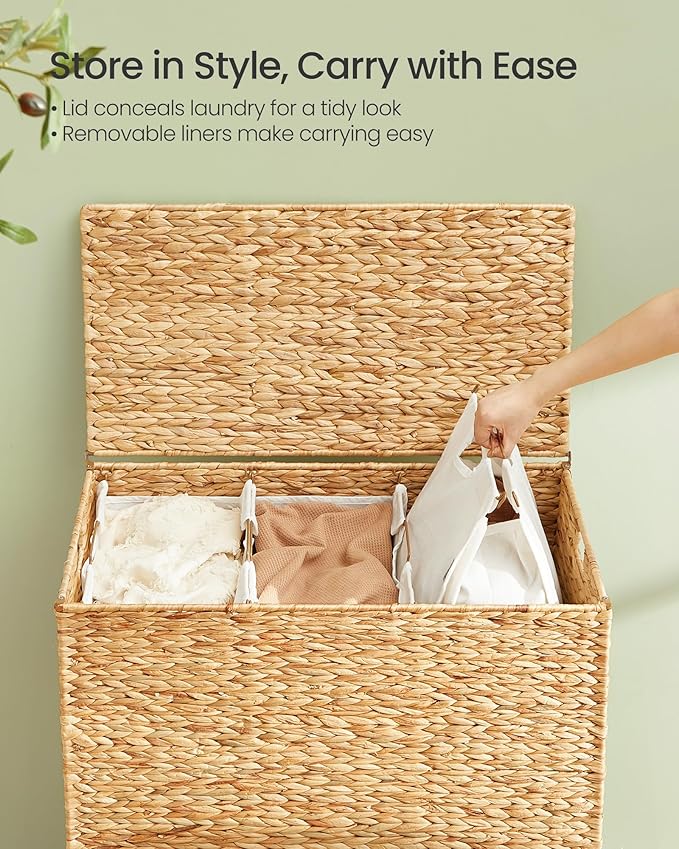SONGMICS Laundry Hamper 3 Sections, 47.5 Gal. (180 L) Handwoven Water Hyacinth Wicker Laundry Basket with Lid, Natural Material, Removable Machine Washable Liners, Handles, Natural ULCB203Y01 - Image 4