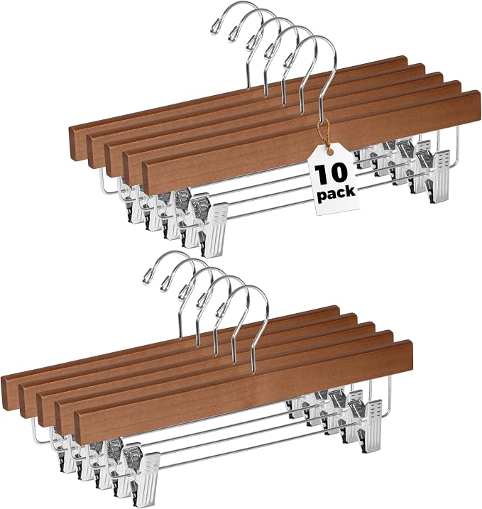 Quality Hangers Wooden Pants Hangers - 10-Pack Swivel Hook Cloth Hanger Set - Lotus Wood Skirt, Pant, Shorts and Slack Hangers with Adjustable Clip (Walnut - Chrome Hook, 10) by QualityHangers