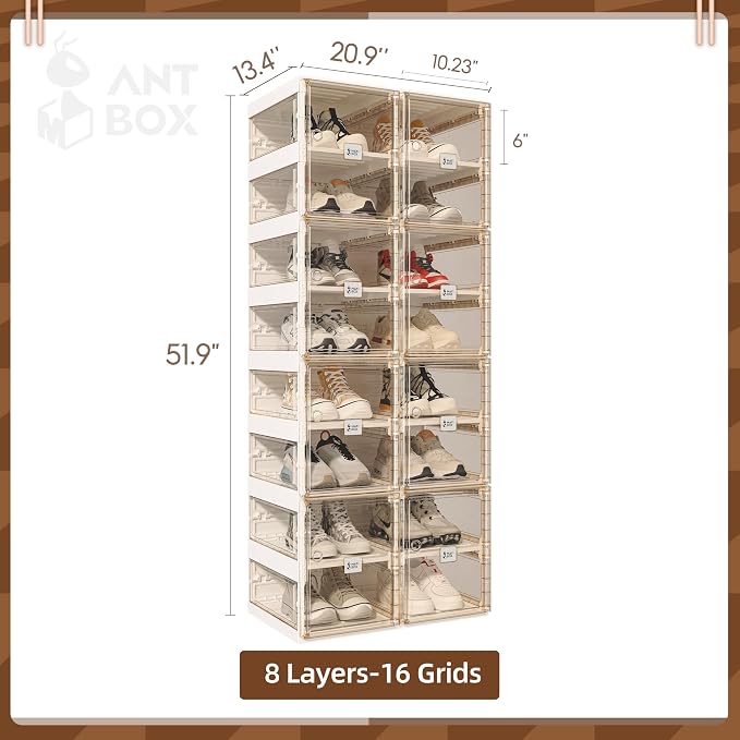ANTBOX Foldable Shoe Rack,Shoe Organizers for Closet Plastic Shoe Storage Box for Entryway,Living Room,Large Sturdy Stackable Sneaker Cabinet Bins with Magnetic Clear Door 8 Tiers 16 Pairs - Image 3