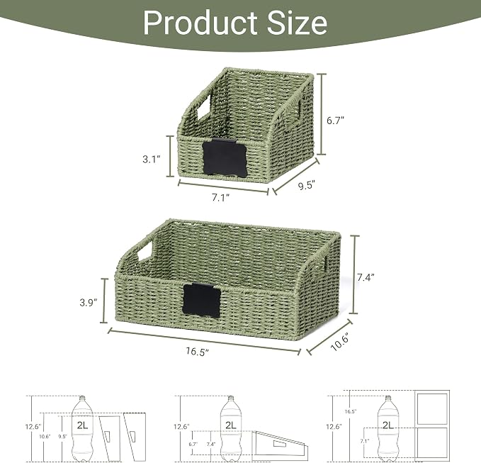 Pantry Organizers, Handwoven Large Wicker Baskets for Shelves, Labeled Storage Baskets for Organizing with Handles - Paper Storage Bins for Shelves, 3 Pack, Green - Image 3