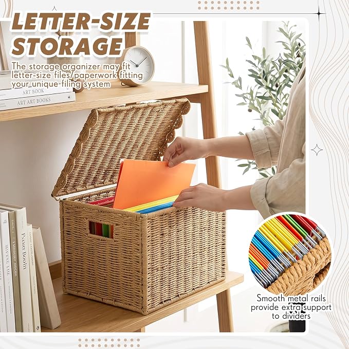 Jingmore File Organizer Box with Scalloped Lid, Paper Rope, Dark Brown | Portable Storage Box Collapsible Letter Hanging Filing Organizer Basket for Office/home, Woven Wicker Decorative Document Box - Image 3