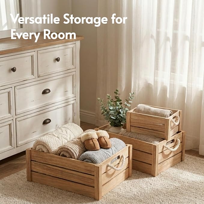 Set of 3 Natural Wood Crates with Rope Handles, Nesting Decor Storage Boxes | Rustic Farmhouse Organizer for Kitchen, Living Room, Bathroom, or Pantry. Nesting Design Keeps Shelves Tidy. - Image 9
