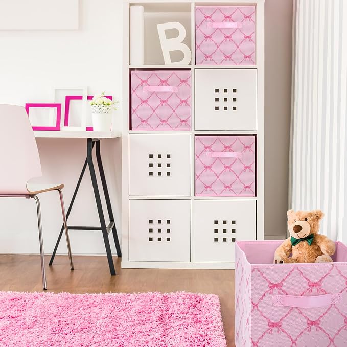 6 Pcs Pink Bow Cube Storage Bins 11 Inch Storage Basket with Handle | Preppy Girls Organizer Basket, Collapsible Fabric Box for Classroom Bedrooms Office Home Decoration Gift - Image 5
