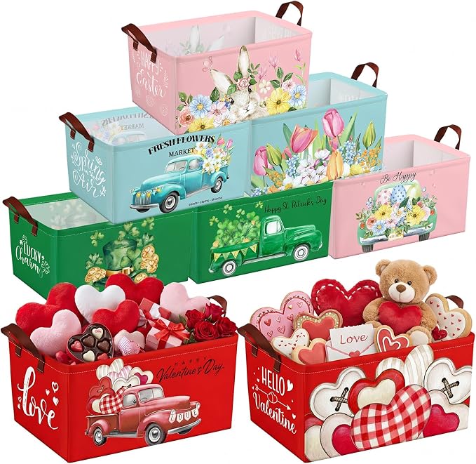 CHENGU 8 Pack Large Easter Gifts Baskets Empty Collapsible Holiday Storage Bin St Patricks Day Valentines Canvas Laundry Basket Foldable Box with Handle for Home Office Bedroom Clothes Toys by CHENGU