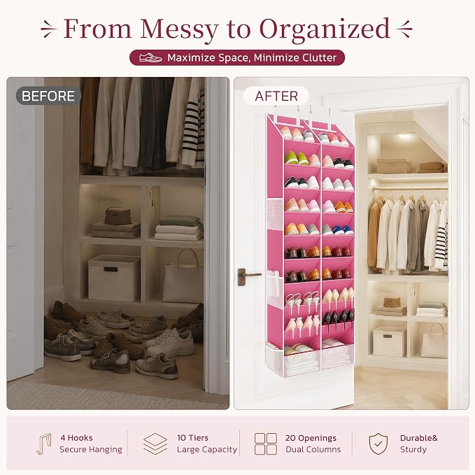 Over the Door Shoe Organizer, 20-30 Pairs Heavy-Duty Hanging Shoe Storage with Large Pockets, 10-Tier Door Shoe Rack with 4 Hooks for Sneakers Sandals Heels Boots (Pink) - Image 2
