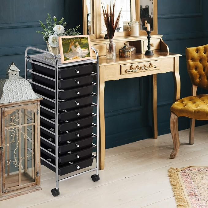 GOFLAME 10-Drawer Rolling Storage Drawer Cart, Utility Cart with Removable Drawers & Metal Frame, Mobile Art Craft Drawer Cart with Lockable Wheels for Home, Office, Studio, School, Black - Image 9