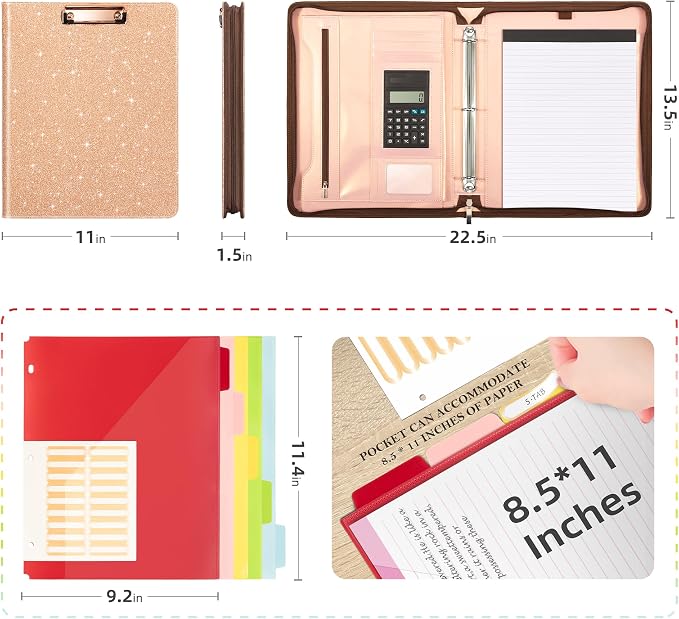 Ospelelf Clipboard with Storage, 3 Ring Binder with Zipper, Leather Padfolio Portfolio Folder, Calculator, 12.1” Tablet Sleeve, 5 Dividers with Pocket|Refillable Notepad, Card Slot (Rose Gold) - Image 2