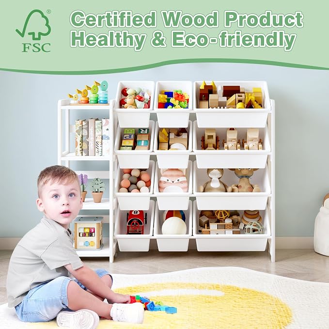 MallBest Toy Storage Organizer with Bookshelf, Kids Wooden Shelf with 12 Removable Bins for Books, Toys, Playroom, Nursery, Bedroom, White, Medium - Image 4