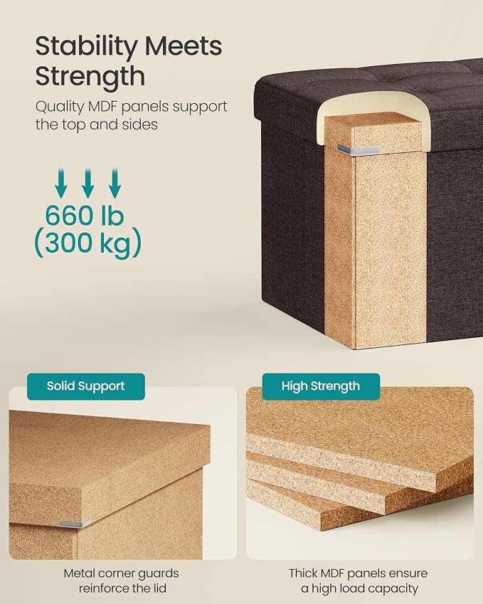 SONGMICS MAZIE Collection - 43 Inches Folding Storage Ottoman Bench, Ottoman Foot Rest, End of Bed Bench, Storage Chest, Load 660 lb, for Living Room, Bedroom, Entryway, Brown ULSF77BR - Image 5
