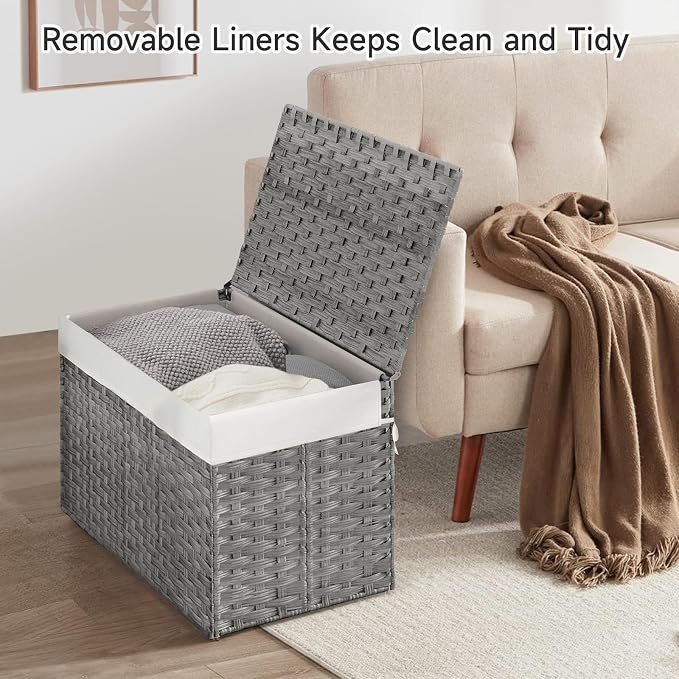 240L Wicker Storage Basket with Lid, Handwoven Rattan Large Shelf Basket with Removable Liner, 63.5 Gallon Wicker Basket for Blanket, Storage Trunk with Handle for Closet, Bedroom, Livingroom, Grey - Image 3