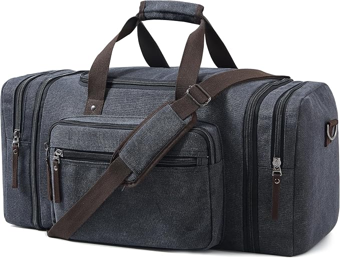 EKOROMIER Large Canvas Duffle Bag for Travel, Expandable 70L Weekender bags | Features Luggage Trolley Sleeve, Multi-Pockets for Traveling, Durable Overnight Carry-On Bag for Men & Women - Dark Grey by EKOROMIERHOME