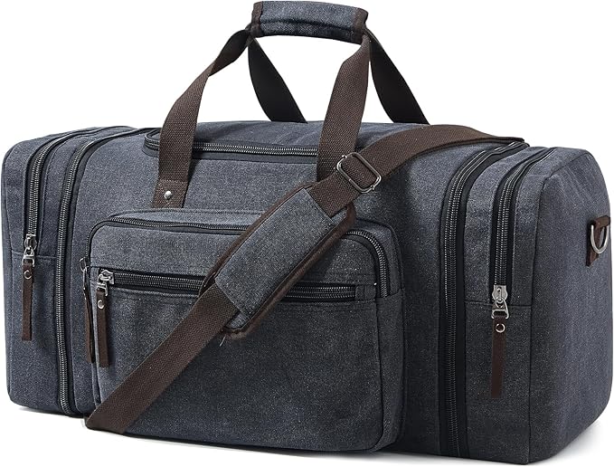 EKOROMIER Large Canvas Duffle Bag for Travel, Expandable 55L Weekender bags | Features Luggage Trolley Sleeve, Multi-Pockets for Traveling, Overnight Airplane Carry-On Bag for Men & Women - Dark Grey by EKOROMIERHOME