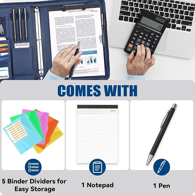 Padfolio Portfolio Binder with Handle, 3-Ring Folder Organizer, Vegan Leather Portfolio with Notepad Includes 5 Dividers with 10 Pockets for Documents Filesfor Documents Files and 1 Pen - Image 3