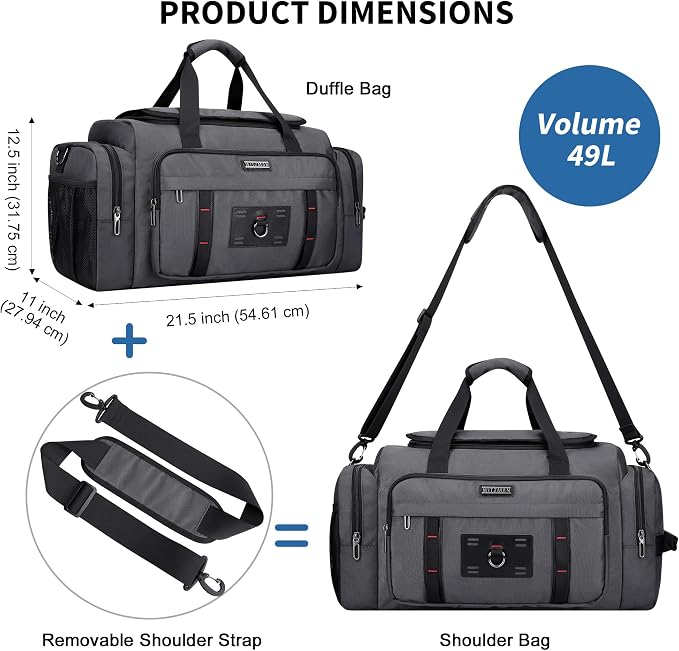 WITZMAN Duffle Bag for Men Large 49L Convertible Nylon Travel Sports Bag | With Shoe Compartment and Dry-wet Pocket, Fits 16" Laptop, Carry On, For Gym, Weekender, Overnight Trips, B719 Silvery Grey - Image 5