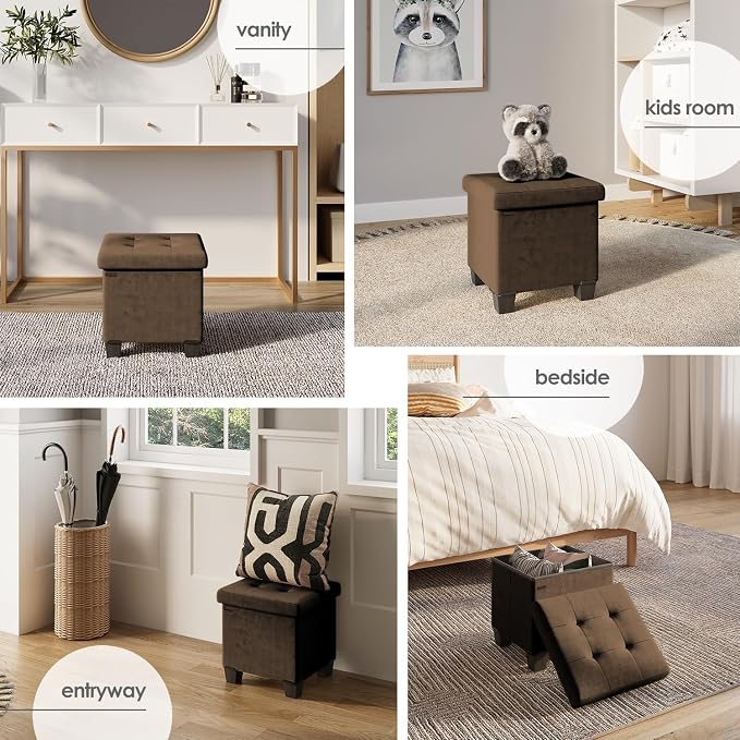 Storage Ottoman Cube with Small Bin, 15-in Square Ottoman with Storage for Living Room and Bedroom, Small Ottomans Foot Rest, Velvet Foot Stools Ottomans Max 330lbs, Brown - Image 5