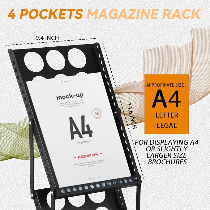 Foldable Magazine Rack Metal Catalog Literature Rack, Literature Stand Rack | Collapsible Flyer Holder,Portable 4 Pockets with Carrying Bag,Floor-Standing Holder Stand for Exhibition Trade Show,Black - Image 6