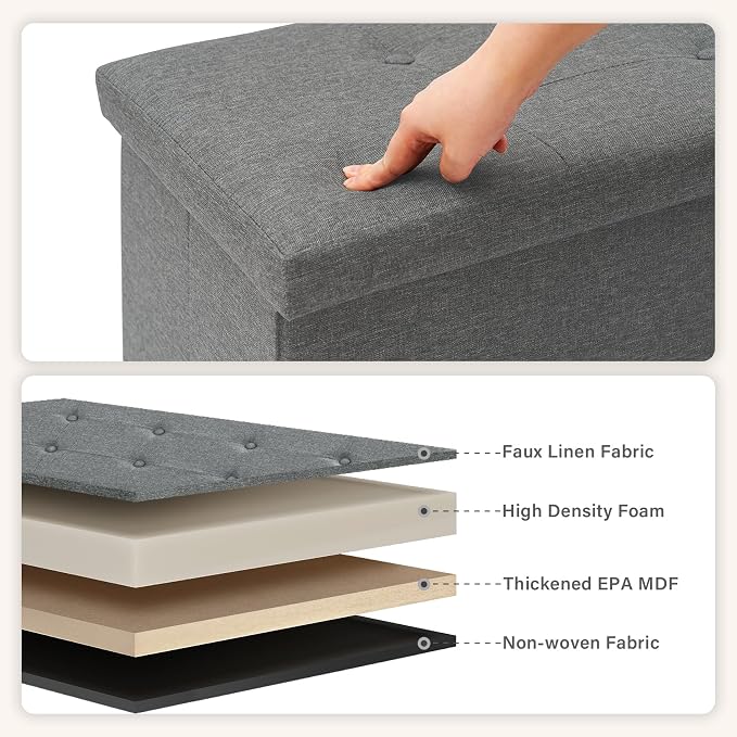 PINPLUS Folding Storage Ottoman Bench, Grey Linen Long Ottoman Chest Foot Rest Stool with Padded Seat, Chest with Cover, Bedroom Bench with Storage, 43.3inches - Image 7