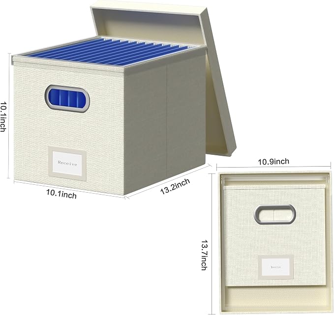 File Organizer Box - File Boxes for Hanging Files with Lid Set of 3 Decorative Hanging Folders Organizer with One-Piece Plastic Frame Slides (Beige White, 13.2 * 10.1 * 10.1in(3Pack)) - Image 5