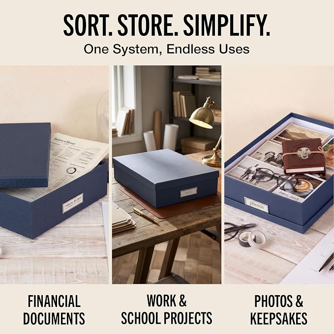 Bigso Oskar Fiberboard Label Frame Document Letter Box - File Organizer Box for Important Paperwork - Document Storage with a Lid & Metal Label Window - 3.3 in x 10.2 in x 13.8 in - Dark Blue - Image 7