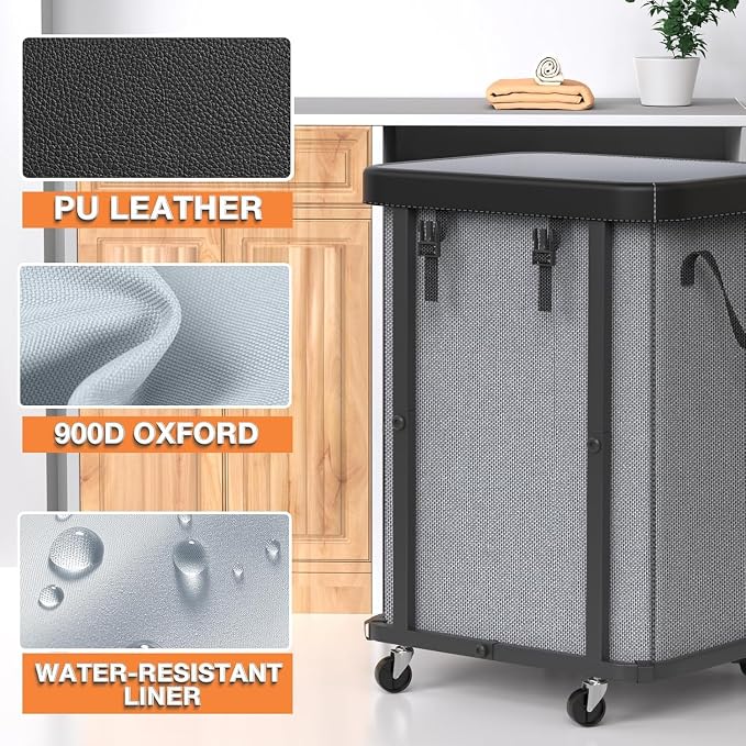 Laundry Basket with Wheels,150L (40 Gal) Rolling Hamper Carts - Gary | Leather Patchwork Laundry Hamper,Sturdy Metal Frame, Removable Washable Bag, Tall Clothes Sorter for Bedroom, Laundry Room - Image 2