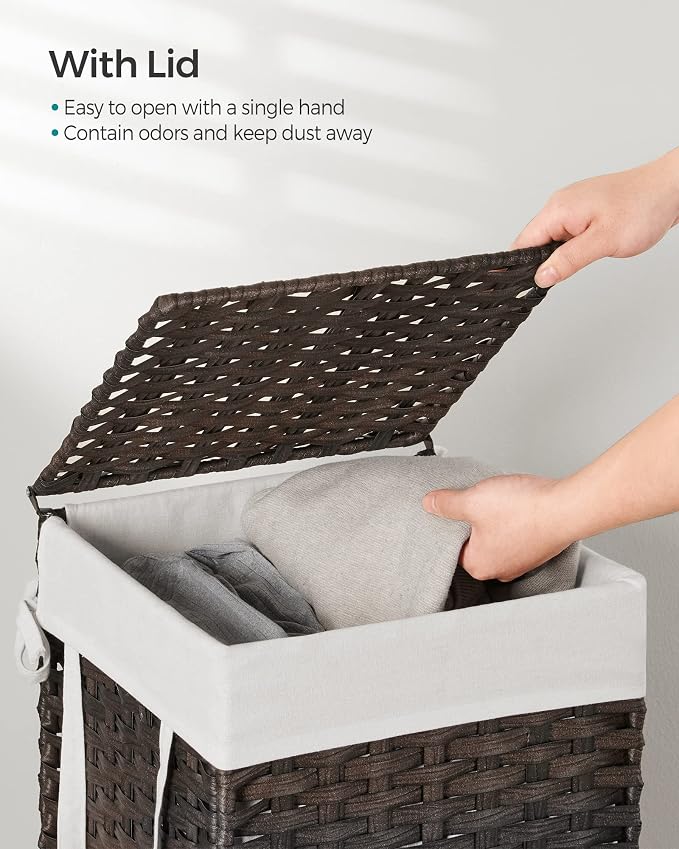 SONGMICS Laundry Hamper with Lid, 17.2 Gallon (65 L) Synthetic Rattan Clothes Laundry Basket with Lid and Handles, Foldable, Removable Liner, Chestnut Brown ULCB165K01 - Image 3