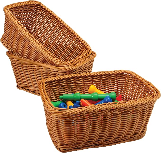 Constructive Playthings Washable Woven Wicker Storage Baskets, Set of 3 | Organization Bins for Classroom, Home Decor, or Office Use, 11" x 7" x 5" by ConstructivePlaythings