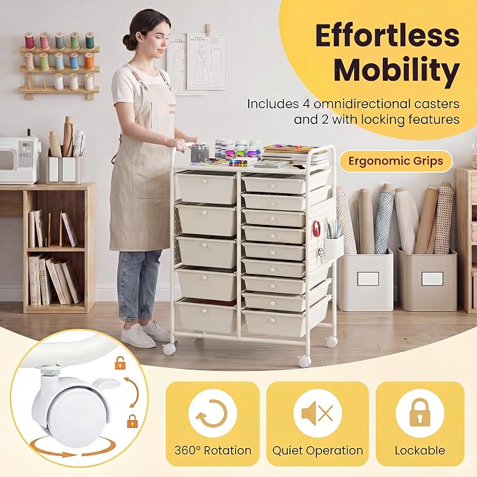 DREAMADE 15-Drawer Rolling Storage Cart, Craft Organizer Cart, White | Mobile Utility Cart with Metal Pegboard Panels, Tabletop and Lockable Wheels for Classroom, Office, Studio and Playroom - Image 6