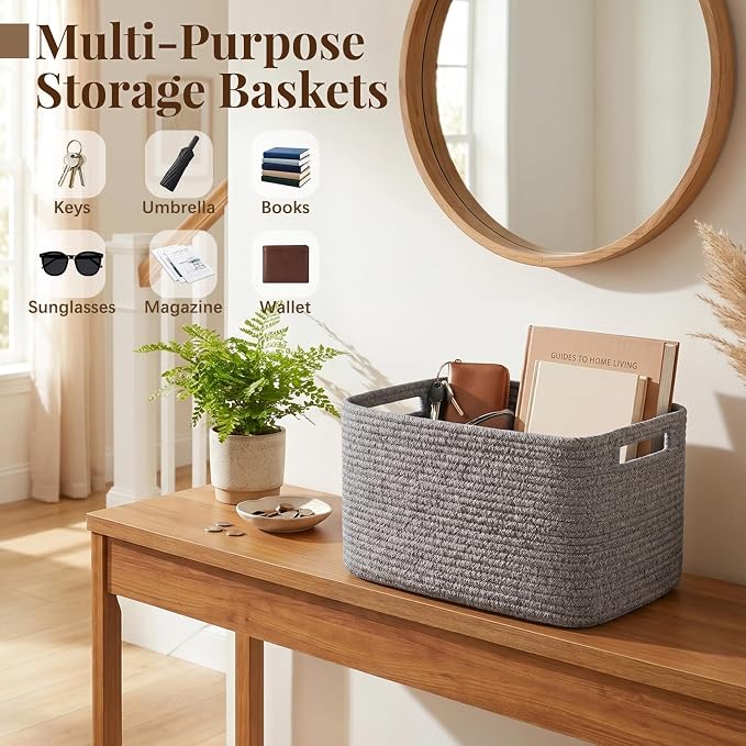OIASKET 4Packs Natural Cotton Rope Storage Baskets for Organizing Toys, Clothes, Towels & Books, Soft Versatile Organizers for Shelves, Home Decorative Bins, 13''Lx9''Wx7.8''H, Grey - Image 7