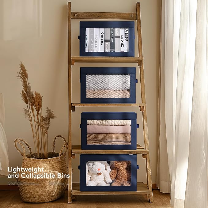 Organizing Bins with Lid - 4 Pack Foldable Clear Window Storage Bins, Large Storage Boxes with Handles, Storage Containers for Clothes, Towel, Blanket, Sheet, Navy Blue - Image 4