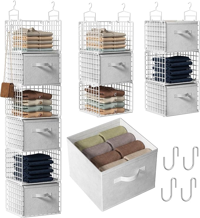 Closet Hanging Organizer with Drawers, 6 Tier Metal Closet Organizers and Storage with 4 Hanging Hooks 4 S-Hooks for Wardrobe Laundry Room, Wire Storage Shelf for Clothes Sweaters Pants (White) by Orapoke