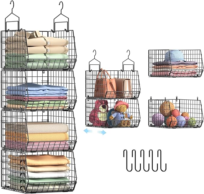 4" Extra Deeper Hanging Closet Organizers and Storage,4 Tier Foldable Wire Cabinet Shelves with 5 S Hooks,Small Metal Basket Bins for Clothes Sweaters Handbags, Wardrobe for Kitchen Laundry Room，Black by X-cosrack