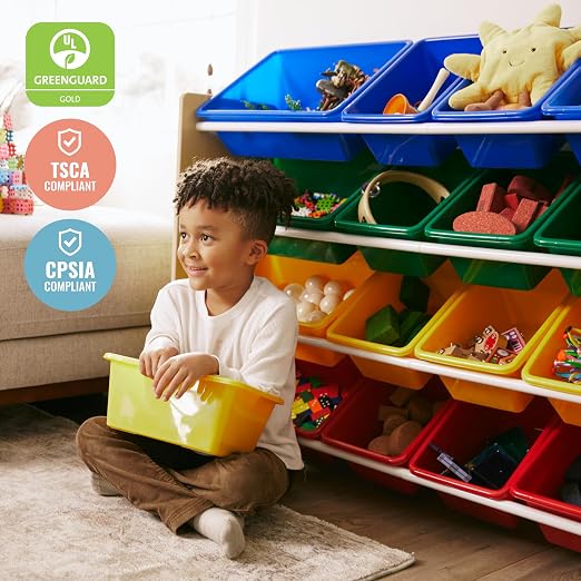 ECR4Kids 4-Tier Organizer with 16 Bins, Toy Storage, Natural/Primary | Durable plastic bins, MDF panels, steel frame, GREENGUARD Gold Certified, 60 lb capacity, anti-tip kit, playroom/classroom - Image 7