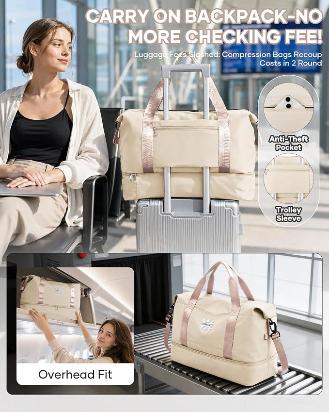 Travel Duffel Weekender Bag Women Tote Carry On Bags With Shoe Compartment | Travel Overnight Bags with Trolley Sleeve for Airplanes Waterproof Lightweight Sport Tote Gym with Toiletry Bag Beige - Image 2