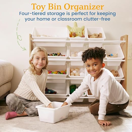ECR4Kids 4-Tier Organizer with 16 Bins, Toy Storage, Dark Natural/White | Durable plastic bins, MDF panels, steel frame, GREENGUARD Gold Certified, 60 lb capacity, anti-tip kit, playroom/classroom - Image 4