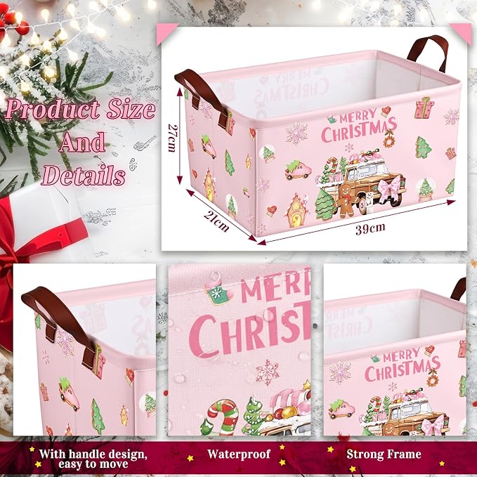 CHENGU 6 Pack Christmas Storage Basket Pink Collapsible Christmas Basket for Gifts Gingerbread Man Holiday Decor Large Gingerbread House Bin Foldable Xmas Tree Box with Handle for Bedroom Office Home - Image 3
