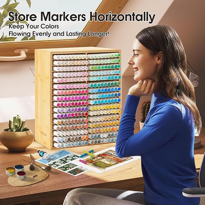 Marker Organizer for 288 Markers,Bamboo Wooden Desk Storage Organizer Rack,Markers Pens Pencils Art Brushes Storage Holder for Home Classroom Office Decor - Image 5