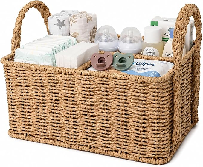 Diaper Caddy Organizer, Paper Rope Storage Baskets Nursery Bin with Removable Divider, Portable Car Organizer for Diapers, Baby Shower Gifts, Newborn Essentials Must Haves by Unknown