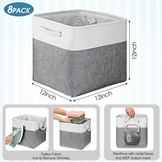 meekoo 8 Pack Collapsible Storage Bins Fabric Storage Bins Polyester Fabric Baskets with Handles Linen Closet Organizer for Shelf Home Closet Towels Toys(12 x 12 x 12 in,Gray White) - Image 4