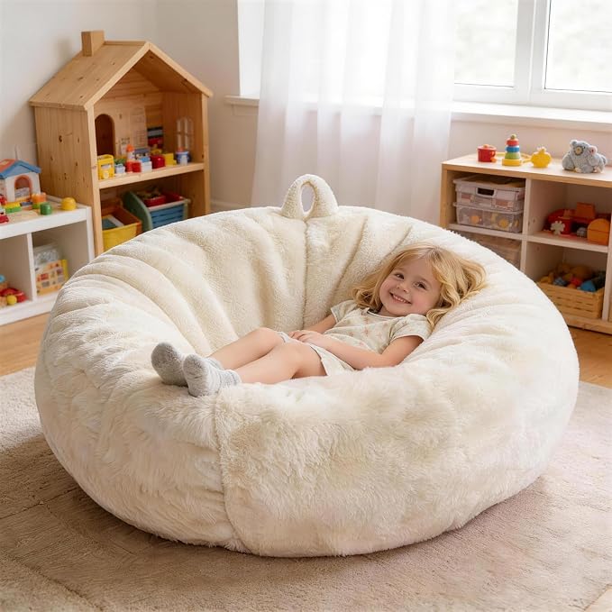 Faux Fur Bean Bag Cover (No Filler)Stuffed Animal Storage Adults Kids Beige | Bean Bag Covers Large Bean Bag Sofa for Kids Teens, furry fuzzy surface, for living room bedroom kids holiday gift by GurXien