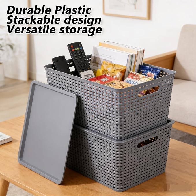 6 Pack Plastic Storage Bins with Lids, Stackable Storage Baskets with Handles, Large Organizer Bins for Desk, Shelves, Office, Plastic Container Bins for Pantry Organizers and Storage, Grey - Image 5